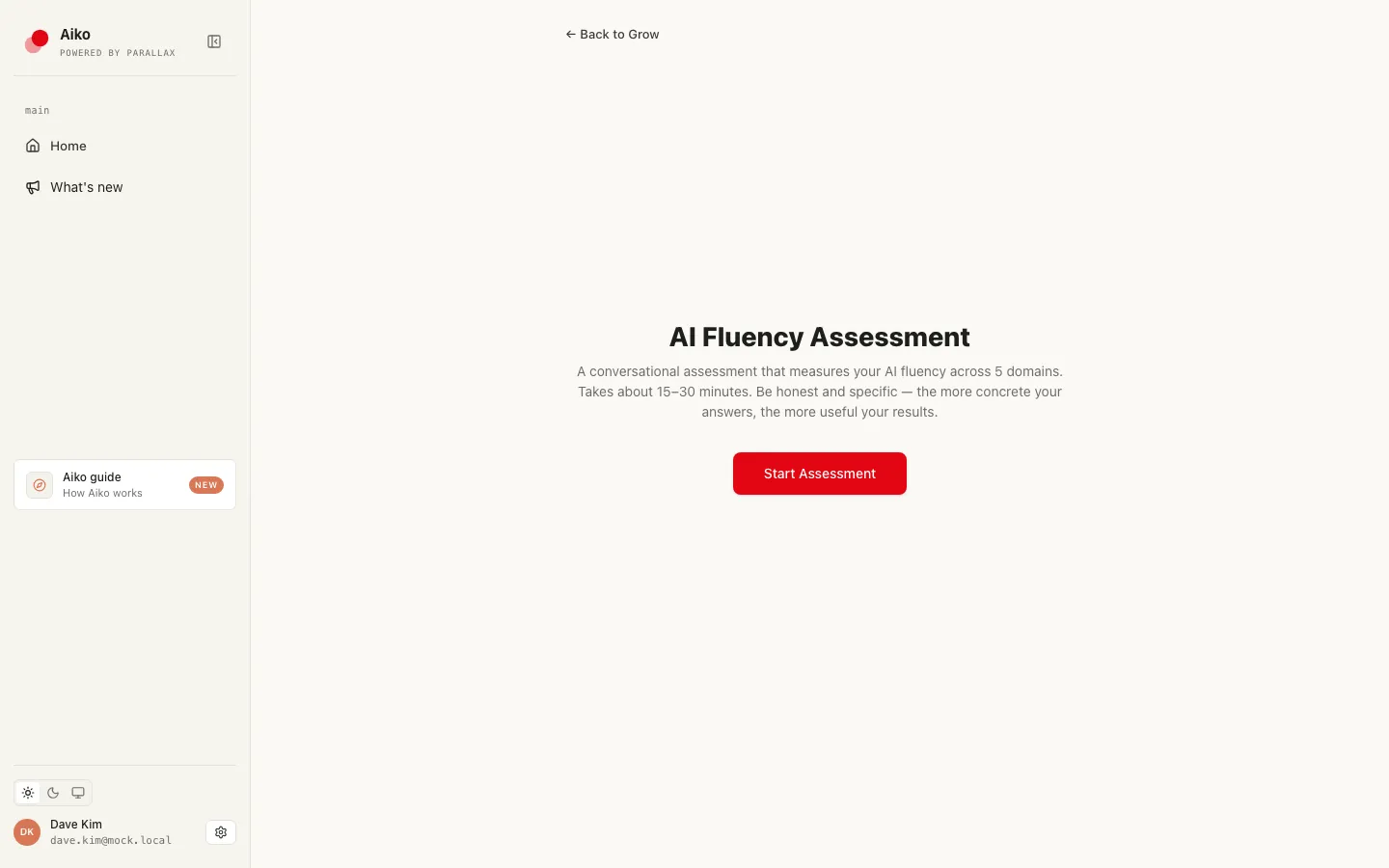 Aiko's chat assessment in progress, asking an open question and following the person's answer.