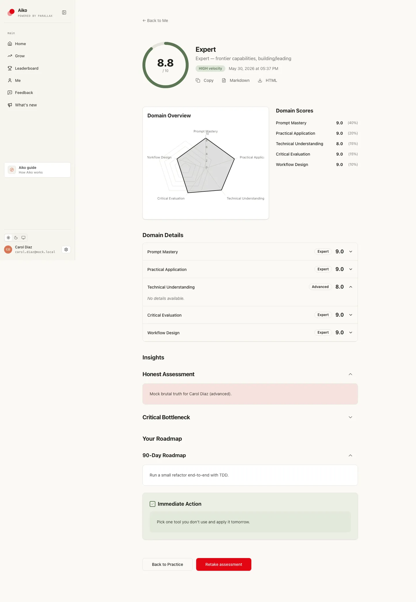Carol's result view: five-domain fluency bars with the dashed assessment benchmark and an overall score.